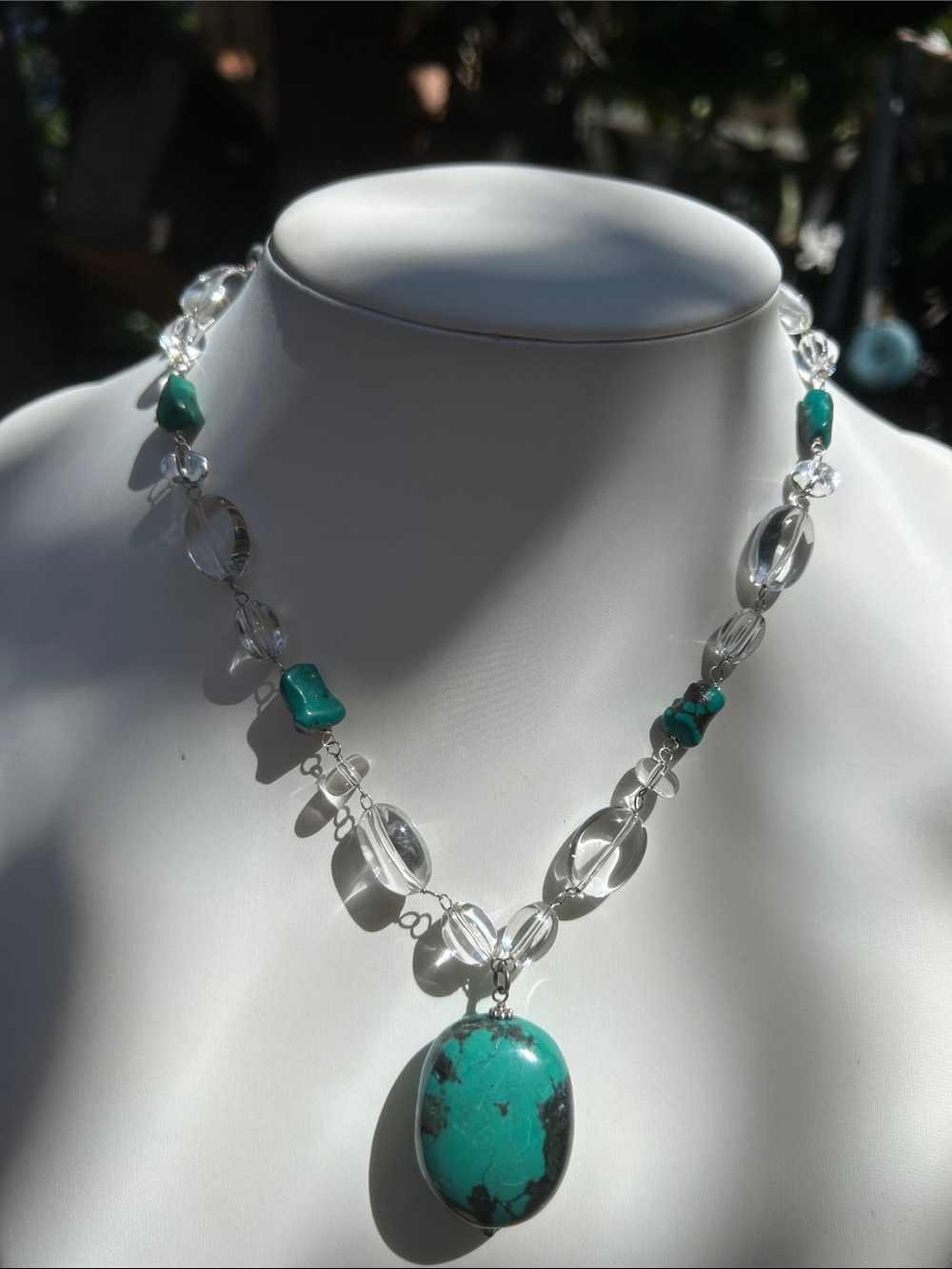 Sterling Silver Clear Quartz Beads Turquoise Necklace 18”-20”
